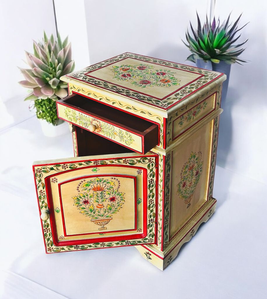 OPIUM OUTLET Indisches Nacht-Schränkchen asiatischer Nachttisch Kleiner Nacht-Schrank orientalische Schlafzimmer-Kommode Konsole rot-beige handbemalt