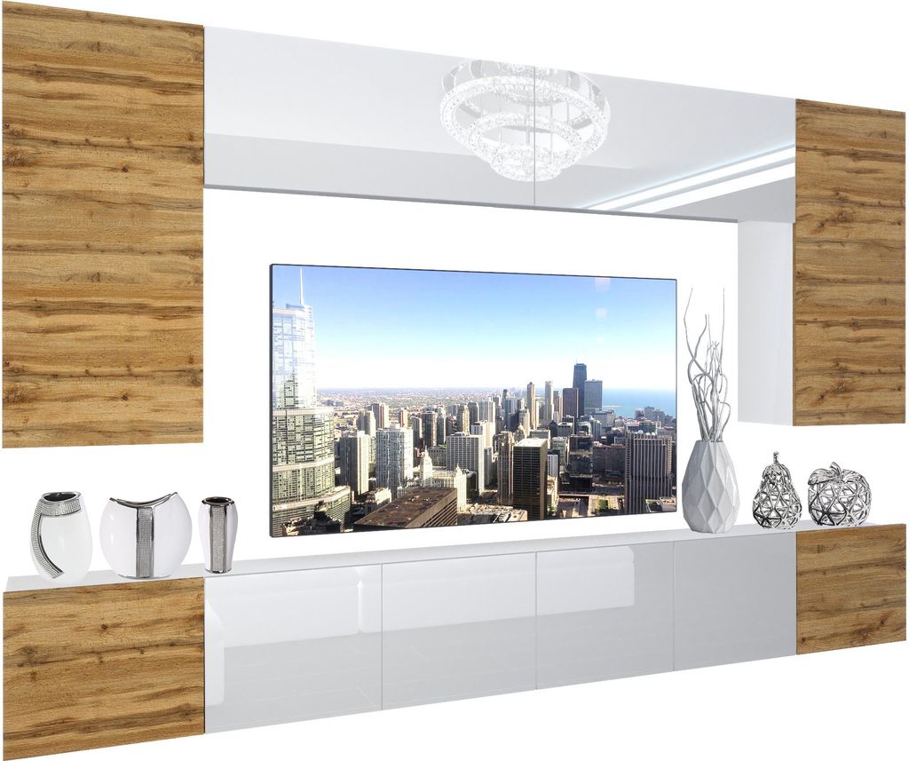 BELINI Wohnwand Vollausstattung Wohnzimmer-Set Moderne Schrankwand mit LED-Beleuchtung Weiß Glänzend Anbauwand TV-Schrank Eiche Wotan / Weiß Gl...