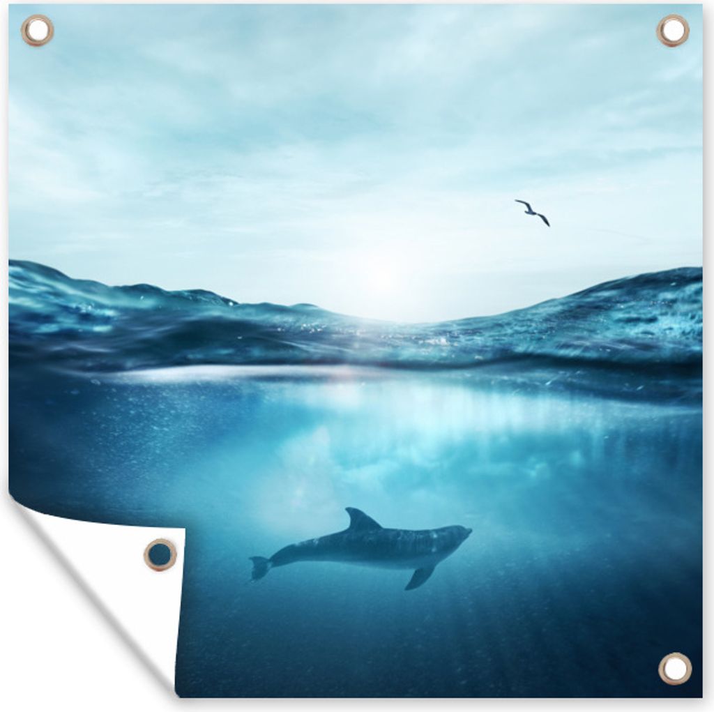 MuchoWow 100x100 cm Outdoor-Poster Gartendeko Sichtschutz Garten Poster für den Garten Delfin - Meer - Vogel