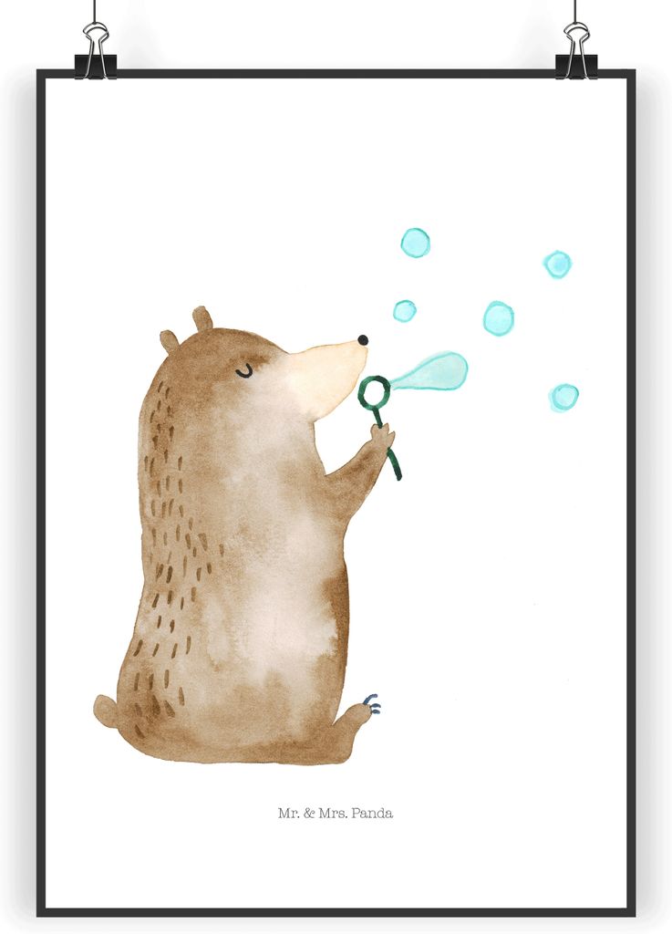Mr. & Mrs. Panda Bild Bär Seifenblasen DIN A5 - Weiß - Geschenk, Teddy, Wandbild, wanddeko, Lustig Sein Glücklich Traurig Happy, Plakat, Wanddek...