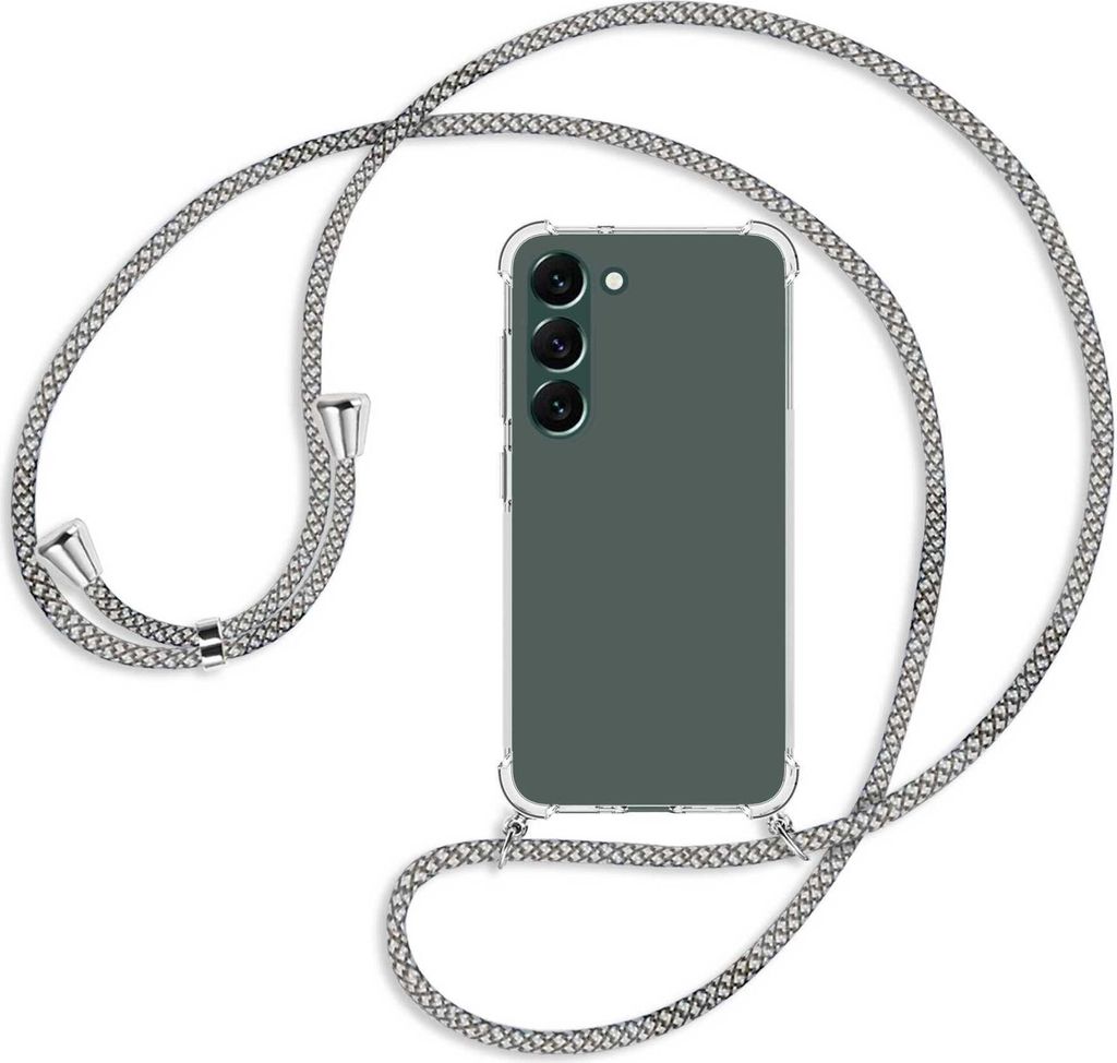 Handykette Backcover-Schutzhülle mit Band (Metall silberfarben) für Samsung Galaxy S23 Plus - weiß/grau kariert