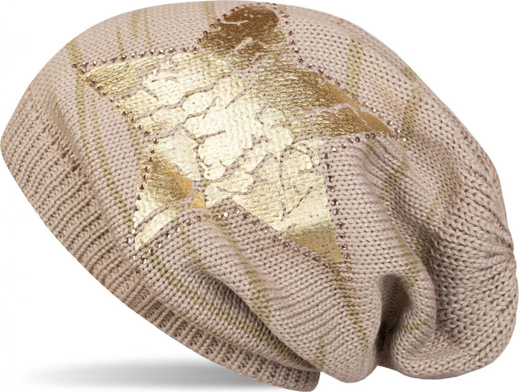 styleBREAKER Damen Strick Beanie Mütze mit Vintage Stern Print und Strass Rand, Strickmütze mit Streifen Muster 04024083