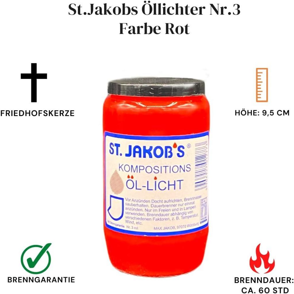 St. Jakobs Öllichter Nr. 3, rot, 60 Stück, Grabkerzen, Grablicht, Grablampe, Grableuchte, Grabgestaltung, Brenndauer bis 3 Tage