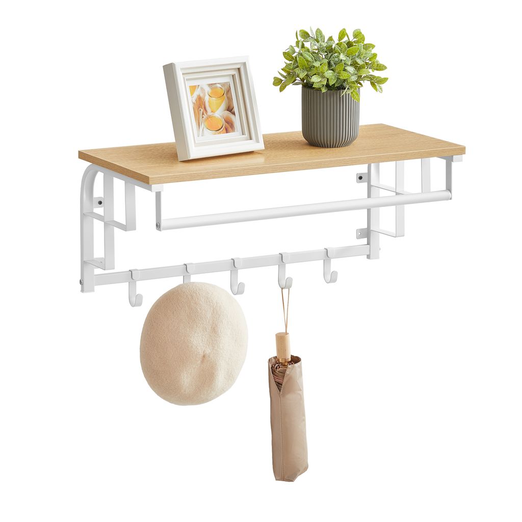 VASAGLE Wandgarderobe mit Ablage, Wandregal, mit 5 abnehmbaren Haken