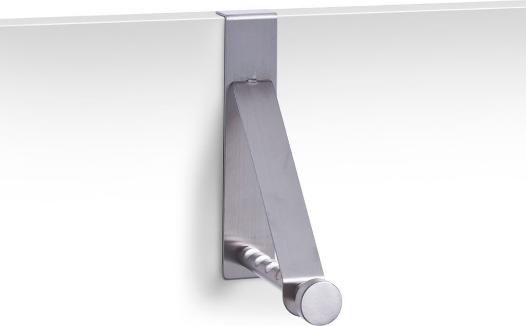 A close-up shot of a silver-colored metal hook attached to a white surface, likely a door or shelf.
