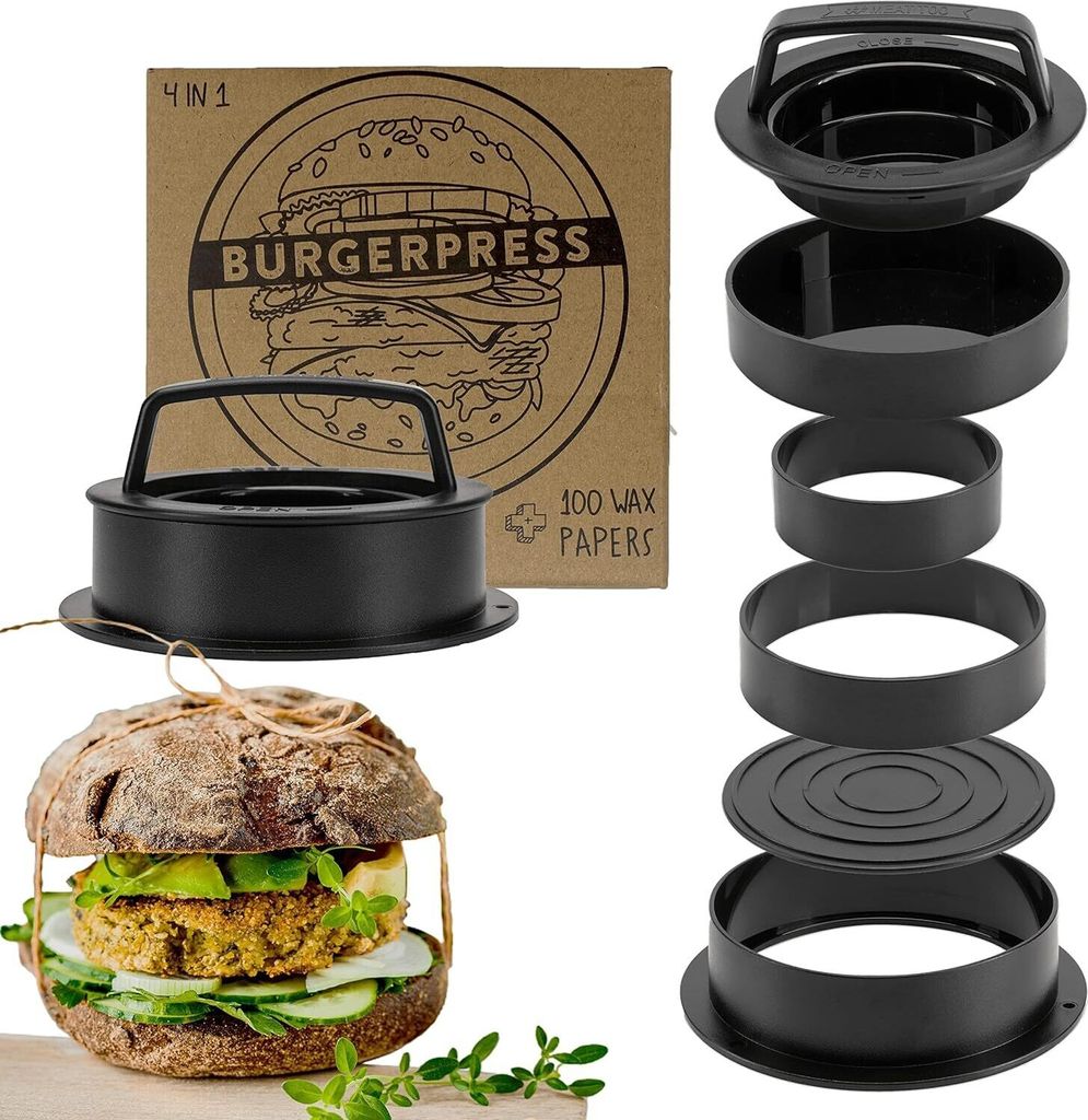 Burgerpresse mit 100 Blatt Burger Papier, 4 Patty Größen inkl. Gefüllte Patties und XXL, Burger Pattie Presse für beste Hamburger, Hamburger Pa...