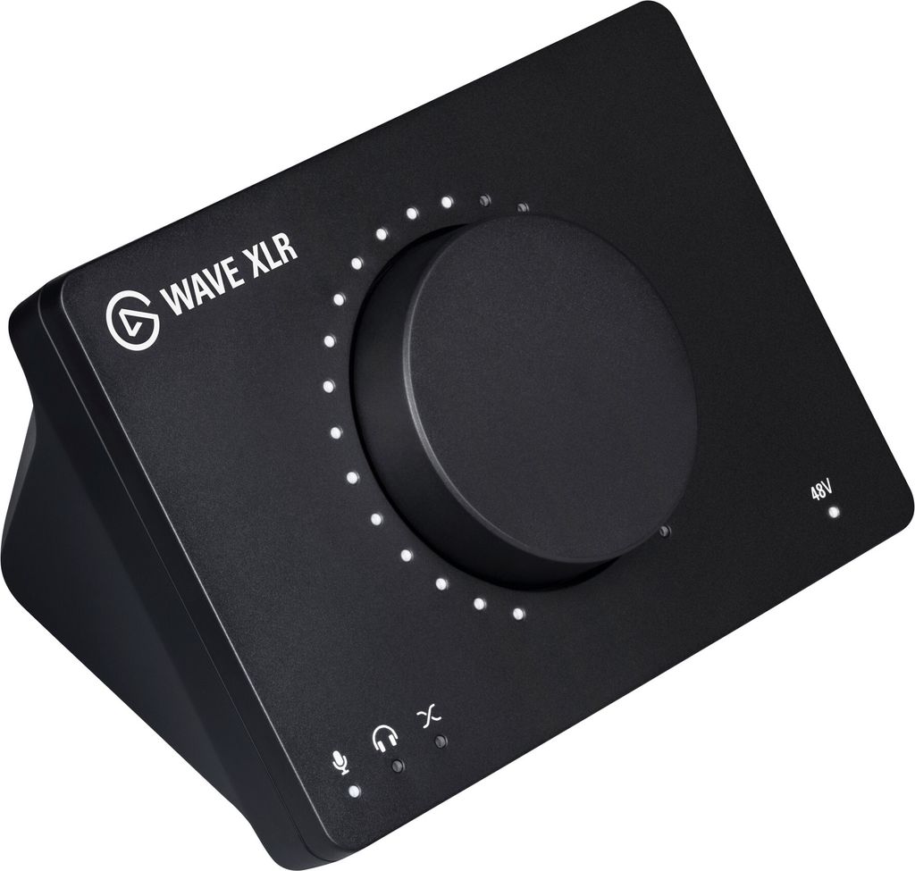 A black Elgato Wave XLR audio interface is shown at an angle on a white background.