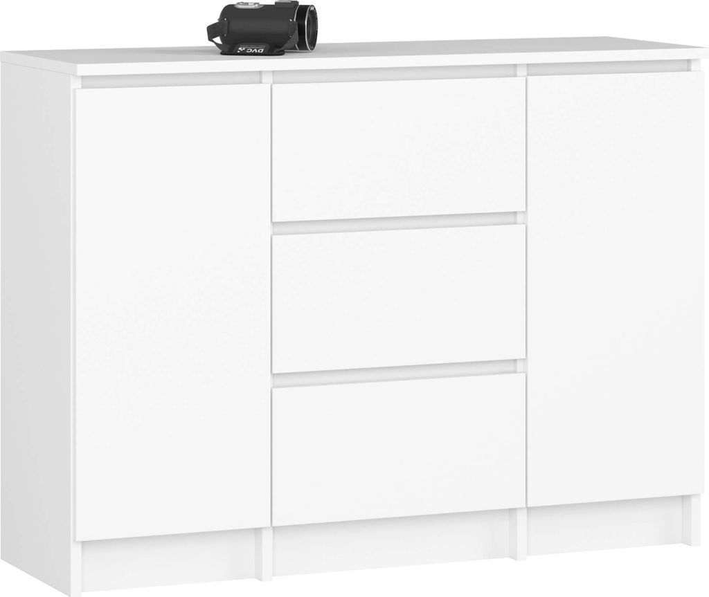 A white dresser with three drawers and two doors, with a black camera on top.
