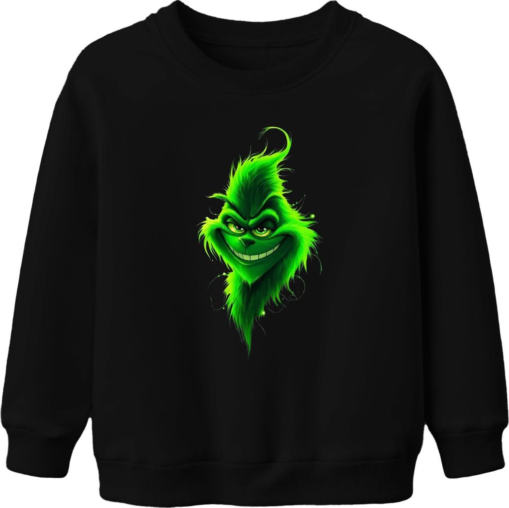 Grinch grinsendes Gesicht Weihnachten grün frech düster Uni Kinder Sweatshirt Pullover, Schwarz, 152