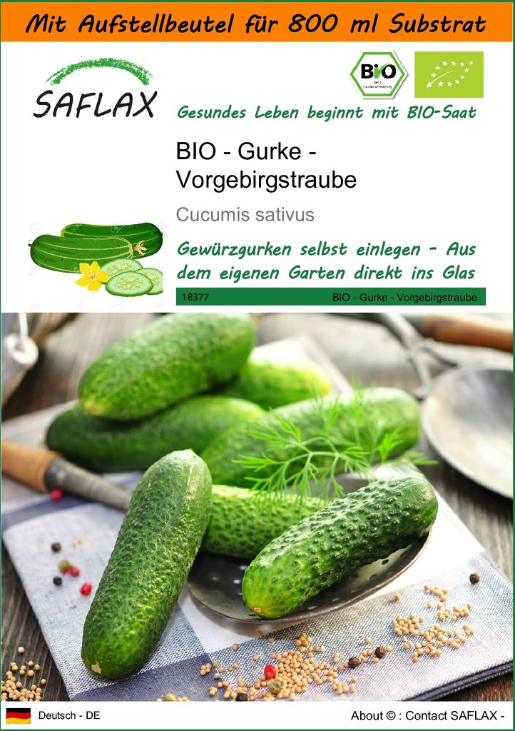 SAFLAX - Garden in the Bag - BIO - Gurke - Vorgebirgstraube - 15 Samen - Mit Anzuchtsubstrat im praktischen, selbst aufstellenden Beutel - Cucumis ...
