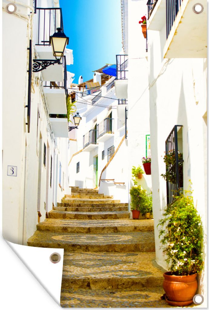 MuchoWow 80x120 cm Outdoor-Poster Gartendeko Sichtschutz Garten Poster für den Garten Traditionelle Straße mit weißen Fassaden in Málaga, Spa...