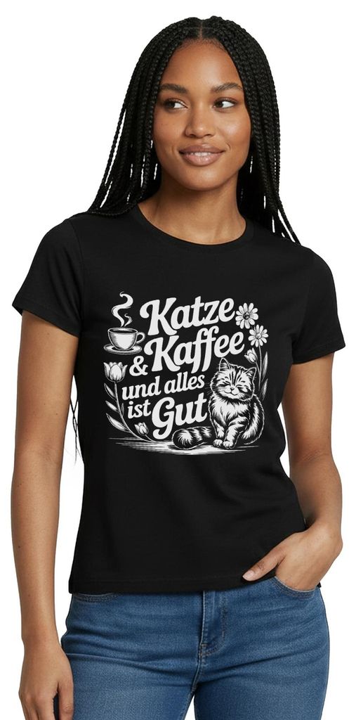 Spreadshirt Katze Kaffee Und Alles Ist Gut Frauen T-Shirt, S, Schwarz