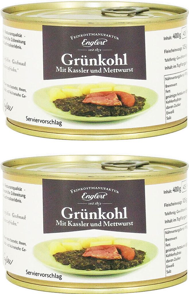 Two cans of Grünkohl mit Kassler und Mettwurst are stacked vertically against a white background.