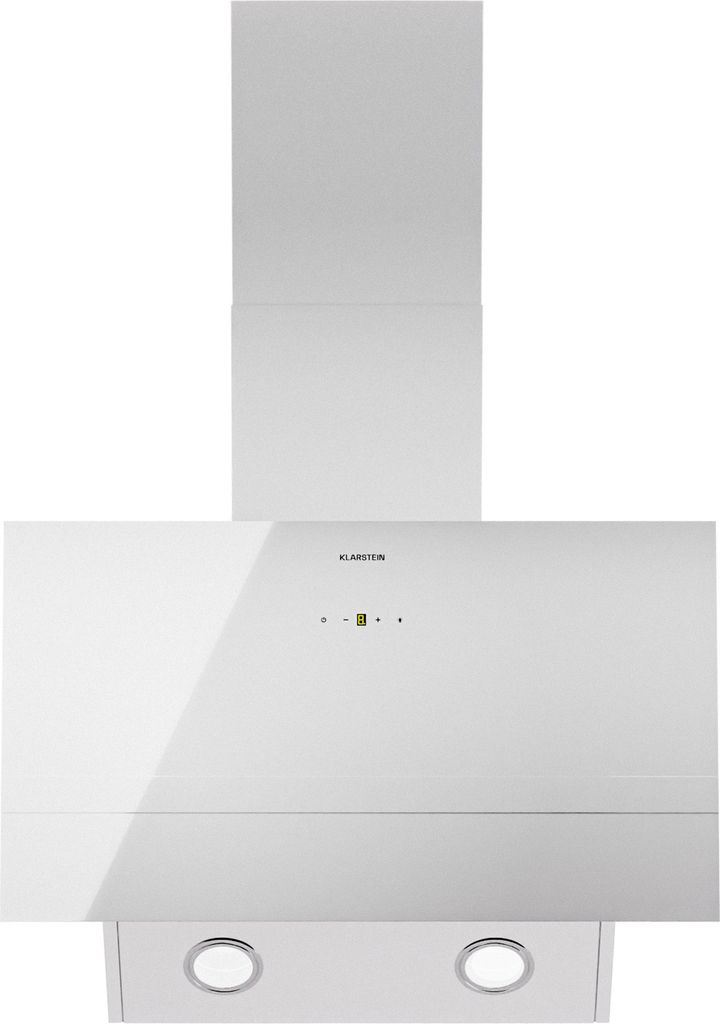 A white kitchen range hood is shown against a white background.