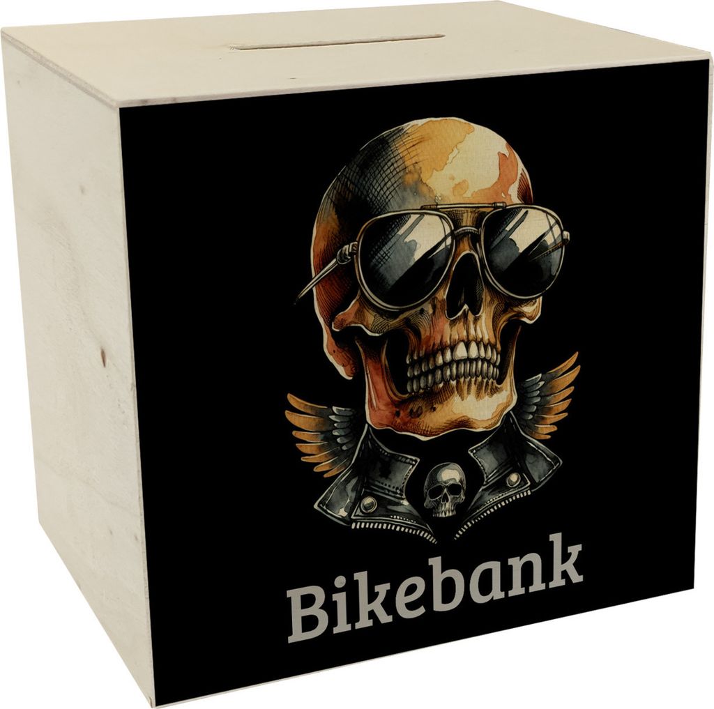 Rocker Totenkopf Spardose aus Holz mit Spruch Bikebank