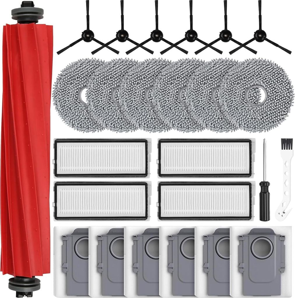 25 Stück Zubehör für Roborock Qrevo Pro/Qrevo S/Qrevo MaxV Saugroboter, 1 Hauptbürste, 6 Staubbeutel, 6 Wischpads, 4 HEPA-Filter, 6 Seitenbürs...