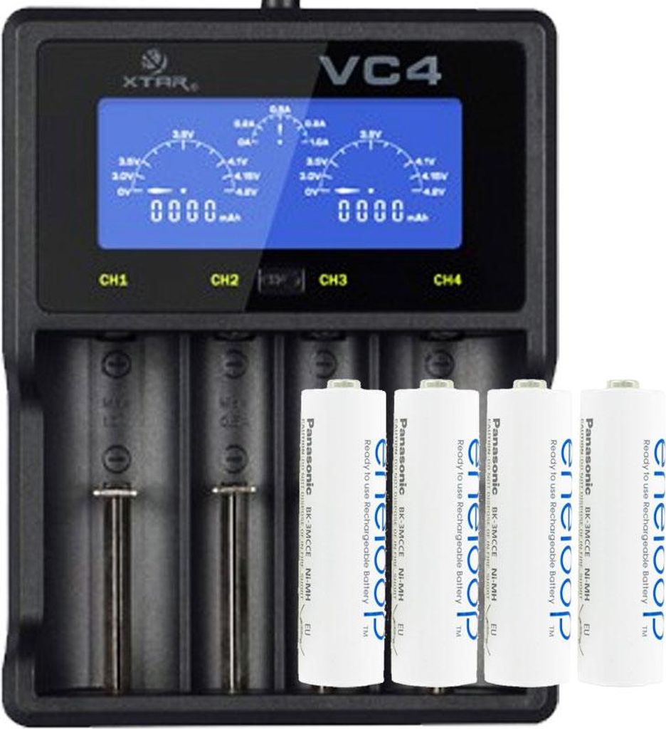 Panasonic eneloop, Ready-to-Use NiMH Akku, AA Mignon, 4er Pack und LCD Schnell-Ladegerät für NiMH und Li-Ion Akku