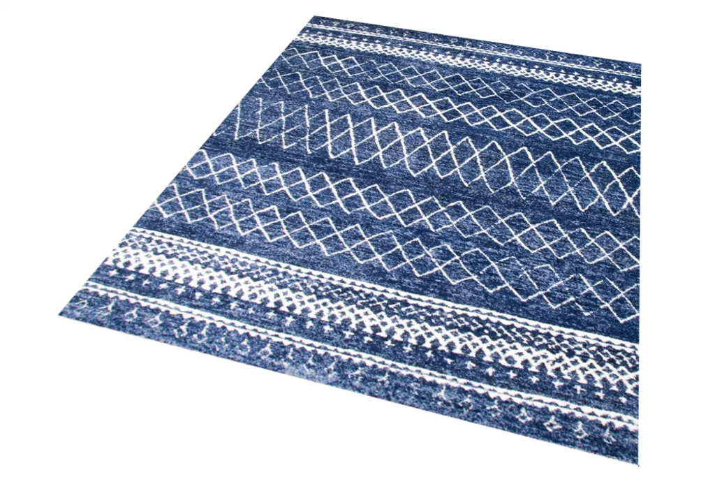 Tapis de salon moderne bleu crème 80x150 cm au design géométrique chic