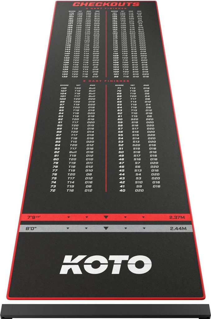 KOTO - Dartteppich Mit Oche Checkout Rot 285 x 80 cm, Dartmatte, Score Indikator, Rutschfeste Dartmatte