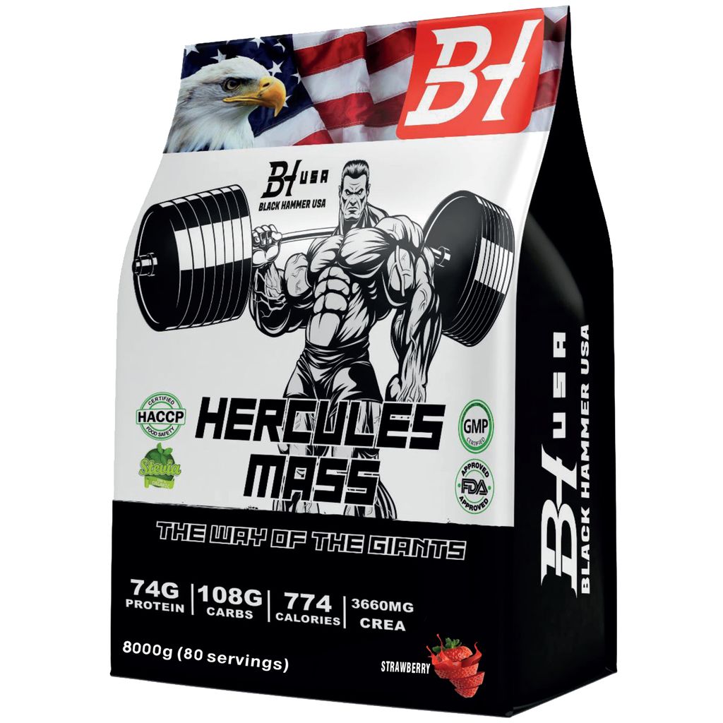 Hercules Mass Gainer 8 kg Erdbeere – 74 g Protein, 108 g Kohlenhydrate, 3660 mg Creatin & Taurine – Muskelaufbau, Fitness & Kraft - Black Hamme...