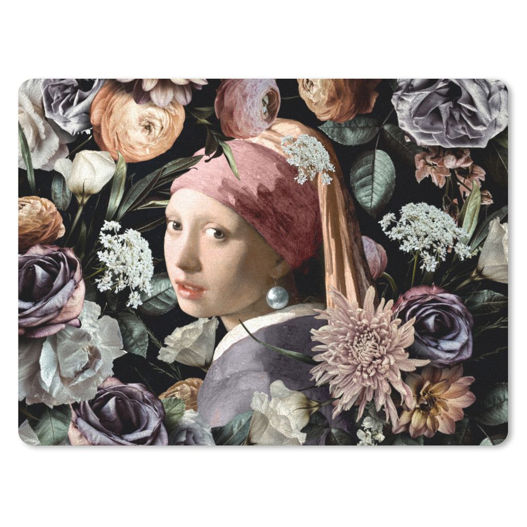 MuchoWow Mauspad Mousepad Mädchen mit Perlenohrring - Blumen - Vermeer - Pastell - Kunstwerk - Gemälde - Alte Meister 40x30 cm - Mousepads - Ma...