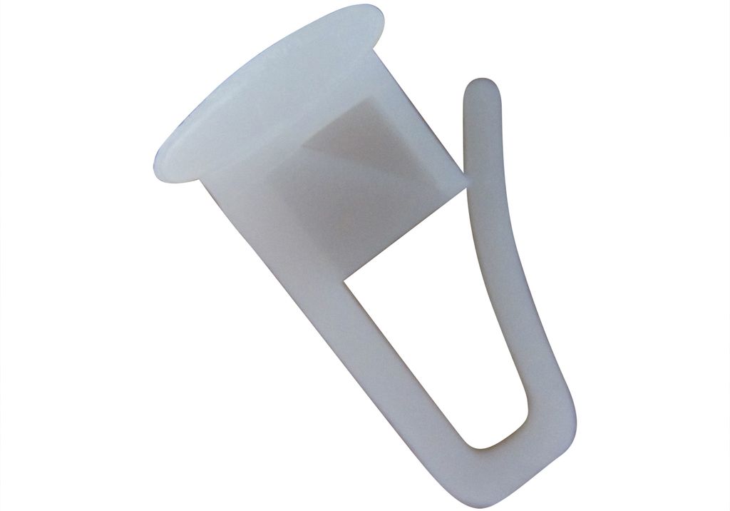 A single white plastic curtain glider with a hook.