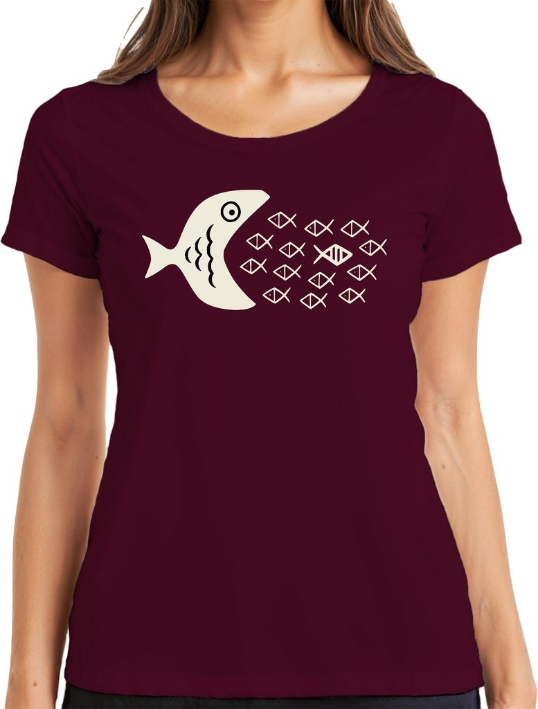 Großer Fisch frisst kleine Fische Fischschwarm Meer Ozean Maritim Damen T-Shirt, Burgundy, M