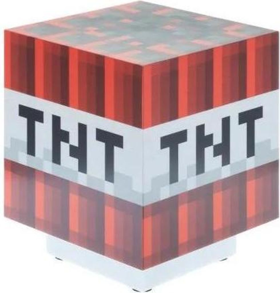 A cube-shaped lamp designed to look like a TNT block from the video game Minecraft.