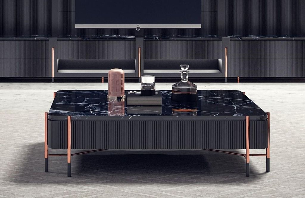 Casa Padrino Luxus Couchtisch Schwarz / Matt Schwarz / Kupfer 124 x 124 x H. 35 cm - Quadratischer Wohnzimmertisch mit Marmorplatte - Wohnzimmer M...