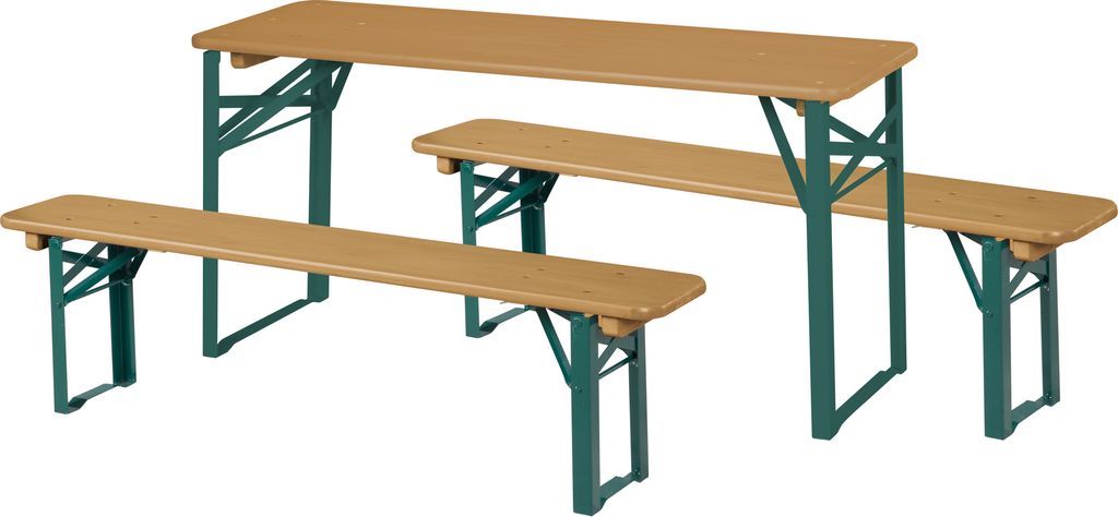 A wooden table and two benches set against a white background.