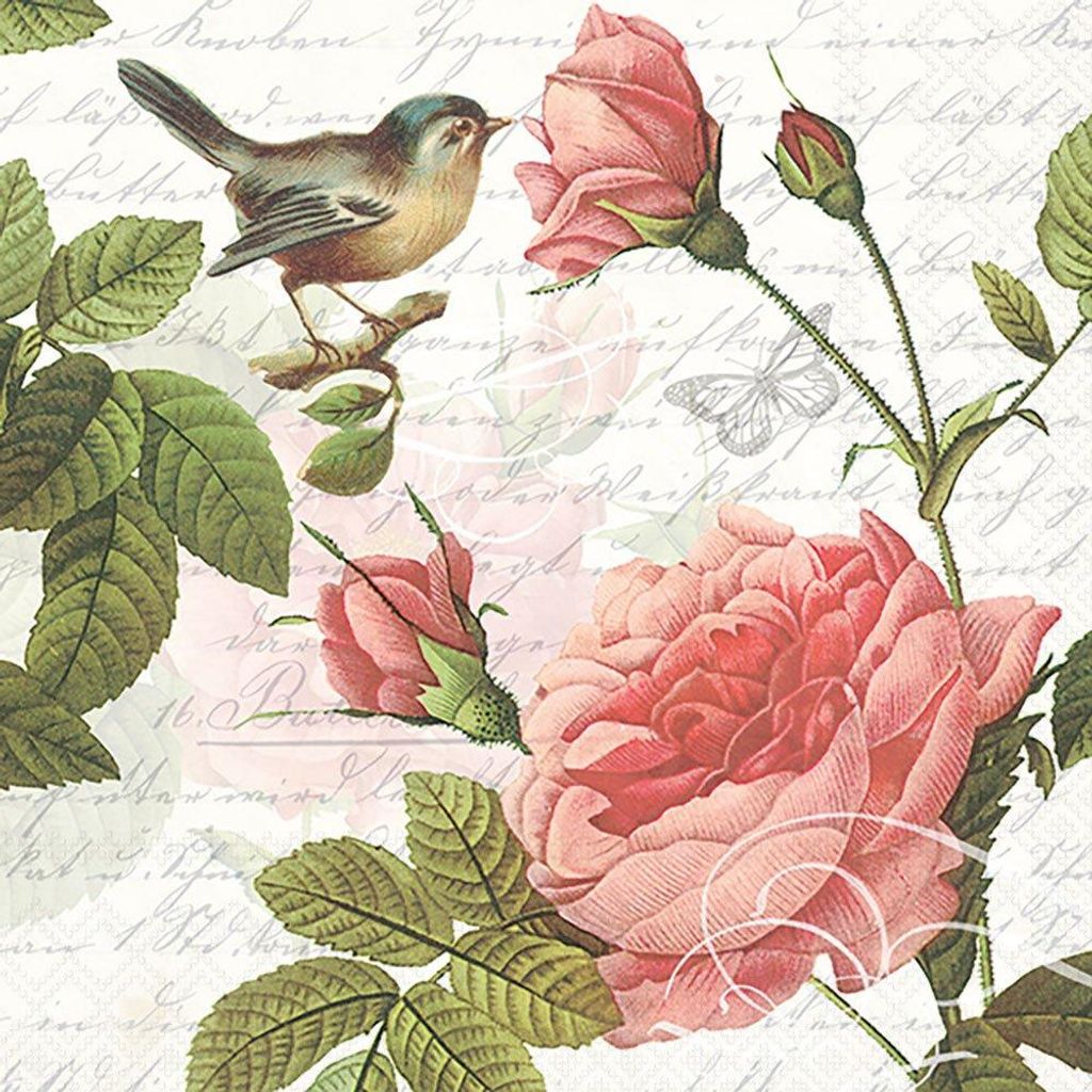 20 Servietten Sophie - Einzelner Vogel an Rose 33x33cm