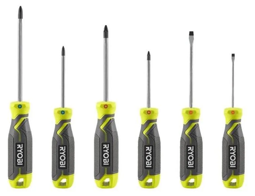Ryobi Jeu de 6 Tournevis Plats en Acier Chrome-Vanadium Vert Robuste