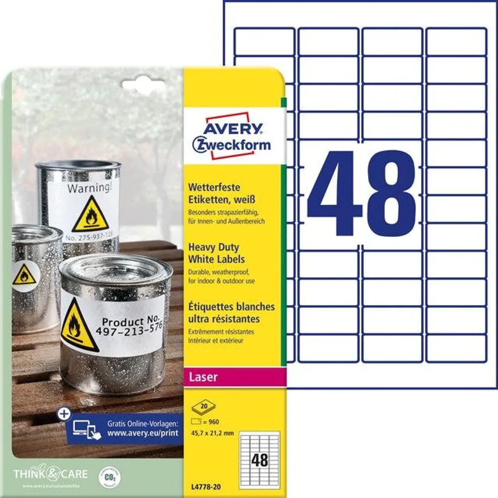Étiquettes autocollantes extérieures laser Avery 45,7x21,2 mm blanches