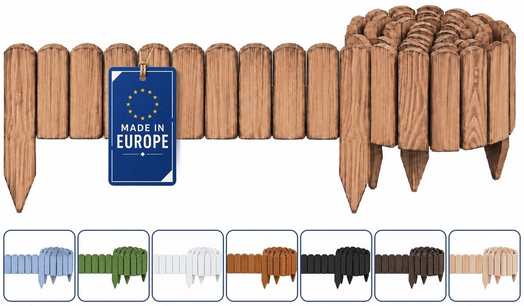 Woodygift Beeteinfassung Holz Rollzaun Gartenzaun Rasenkante Palisade Flexibler Rollborder für Beet und Rasen geflammt 10x200 cm