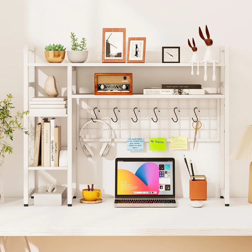 Étagère de bureau stable avec crochets et 4 compartiments rangement blanc - 2
