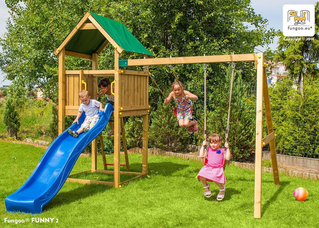 Fungoo Spielturm "Funny 2" natur mit Doppelschaukel und Rutsche