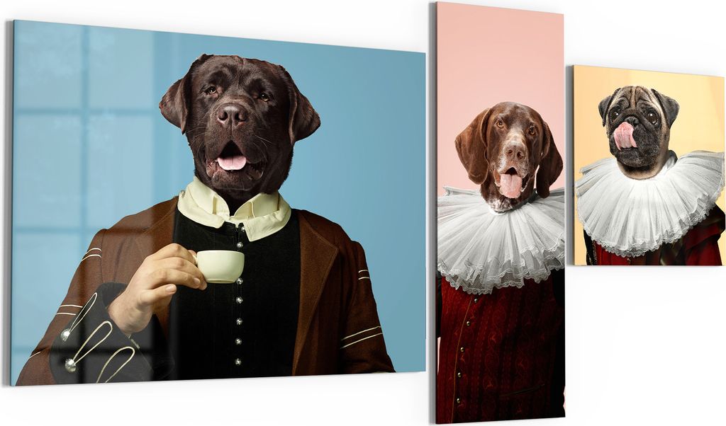 DEQORI Glasbilder 3-tlg 150x80 cm 'Aristokraten-Hunde' Wandbilder XXL groß
