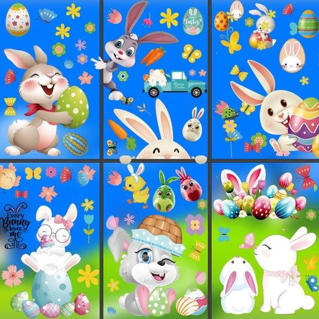Stickers Pâques pour Vitre sans Traces - 9 Feuilles Lapins et Œufs