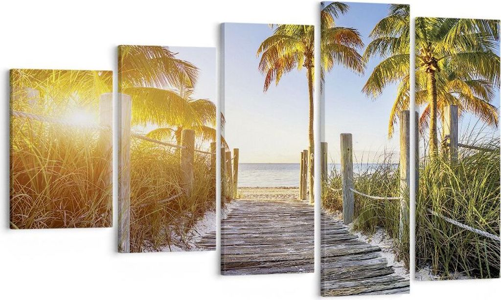 Bild auf Leinwand - Leinwandbild - 5 Teile - Strand Palmen Fußgängerbrücke - 100x60cm - Wand Bild - Wanddeko - Wandbilder - Leinwanddruck - Bild...