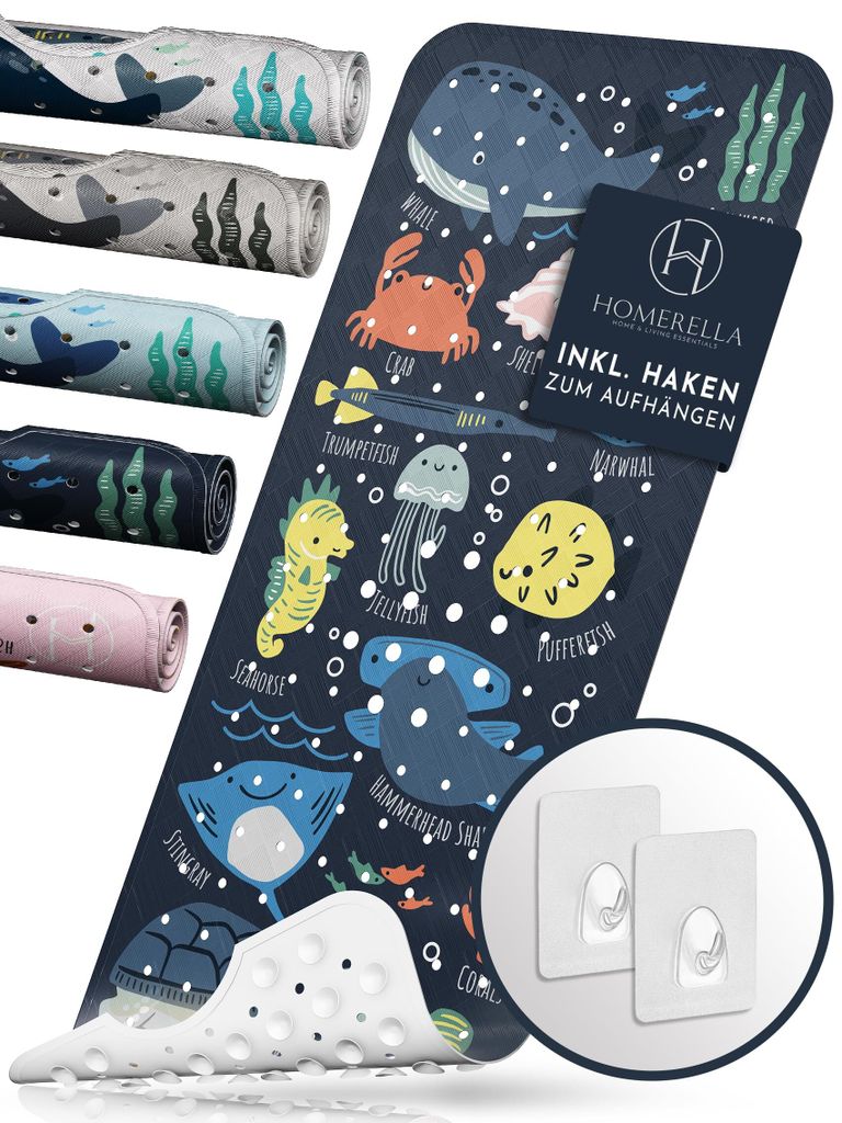 Homerella Badewannenmatte rutschfest Kinder 100x40cm - 100% BPA frei mit 2 Aufhängehaken - Antirutschmatte Badewanne Baby hautsensitiv, waschbar
