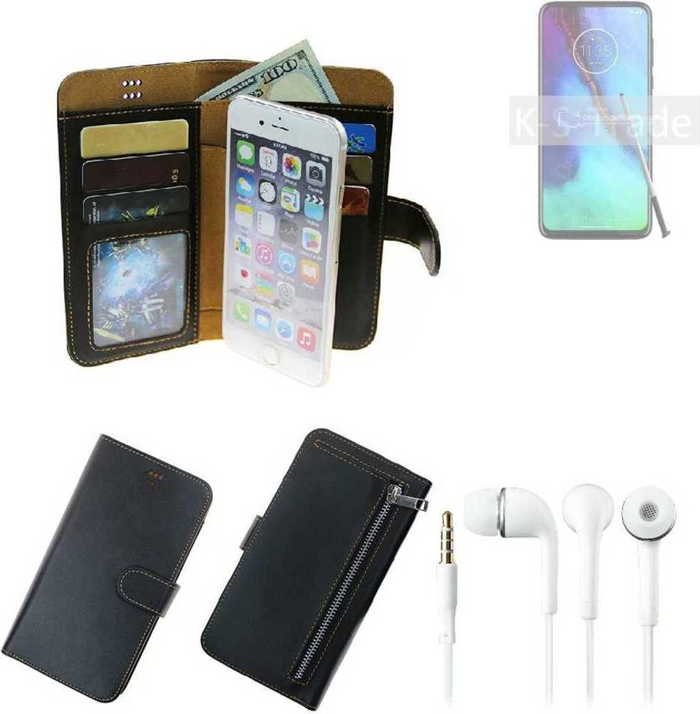 TOP SET Handy Hülle Schutz Hülle kompatibel mit Motorola Moto G Stylus schwarz aus Kunstleder + Kopfhörer Smartphone Tasche vollwertige Geldbörse