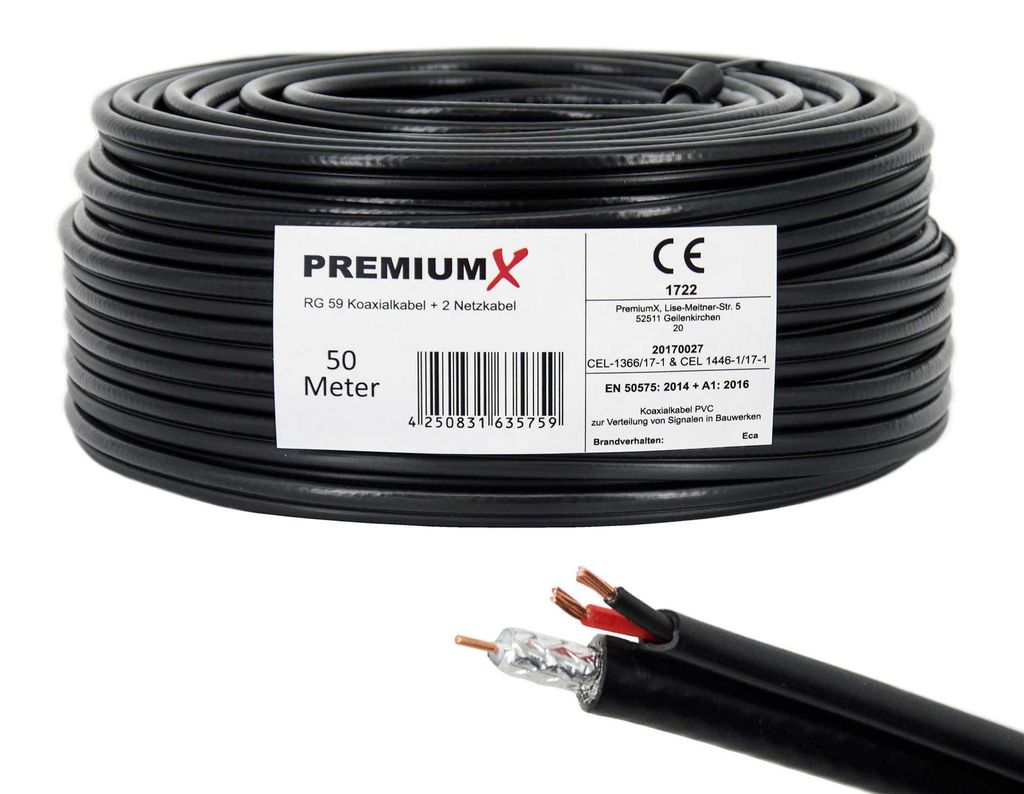 PremiumX 50m RG59 Koaxialkabel + 2 Netzkabel Eca Videobild Produktbild 