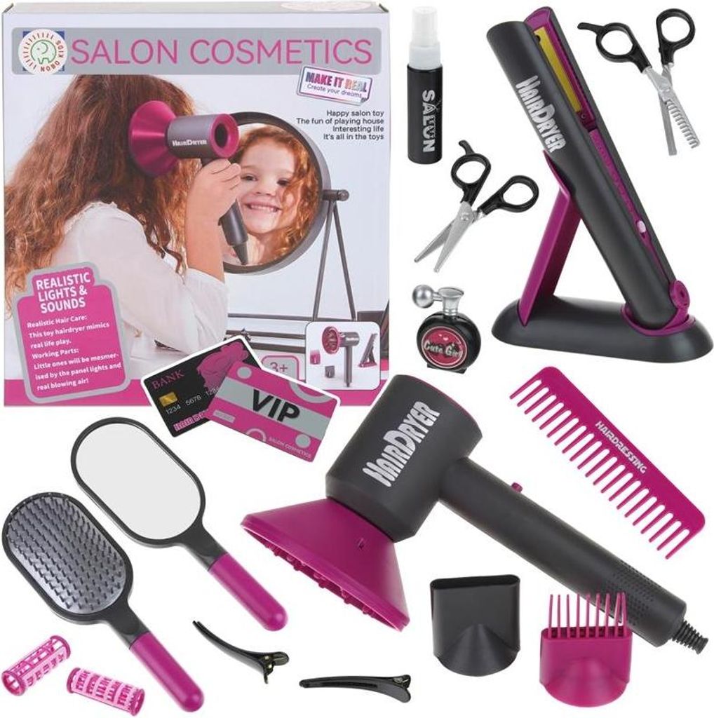 A collection of toy hair salon accessories, including a hairdryer, straightener, brushes, rollers, clips, and pretend cosmetics, arranged around a product box.