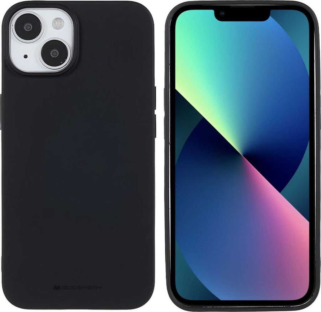 A black iPhone case is shown next to an iPhone with a colorful wallpaper.