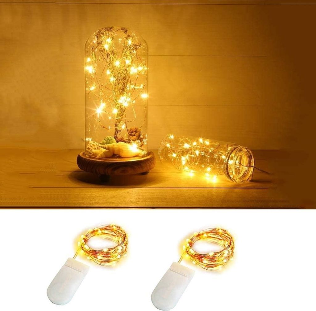 2er-Pack Lichterketten, 1,7 m, 20 Mini-LEDs, batteriebetrieben, wasserdicht, warmweiß, Sternen-Glühwürmchen-Lichter auf Kupferdraht, dekorative ...