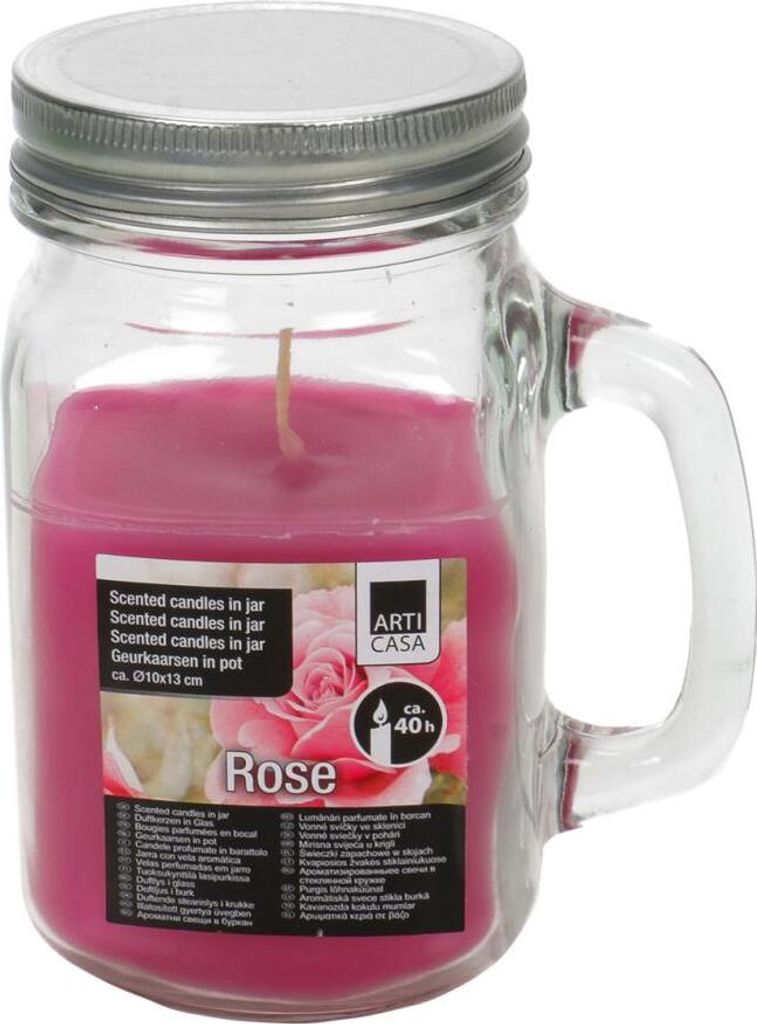 Duftkerze im Glas mit Henkel und Schraubverschluß, Brenndauer ca. 40 Std., Duft Rose