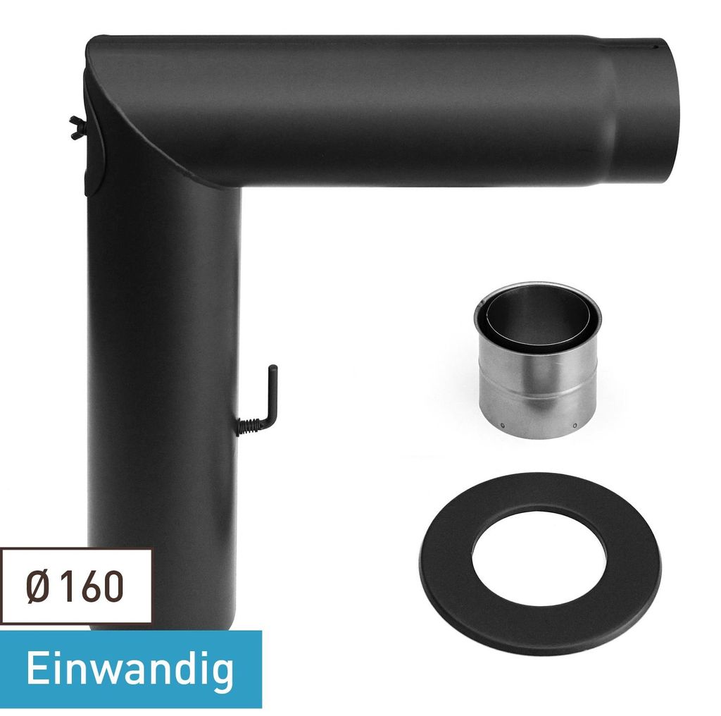 Raik Basic Rauchrohrbogen-Set 160mm schwarz 2-teilig – eckig für Rauchrohr / Ofenrohr