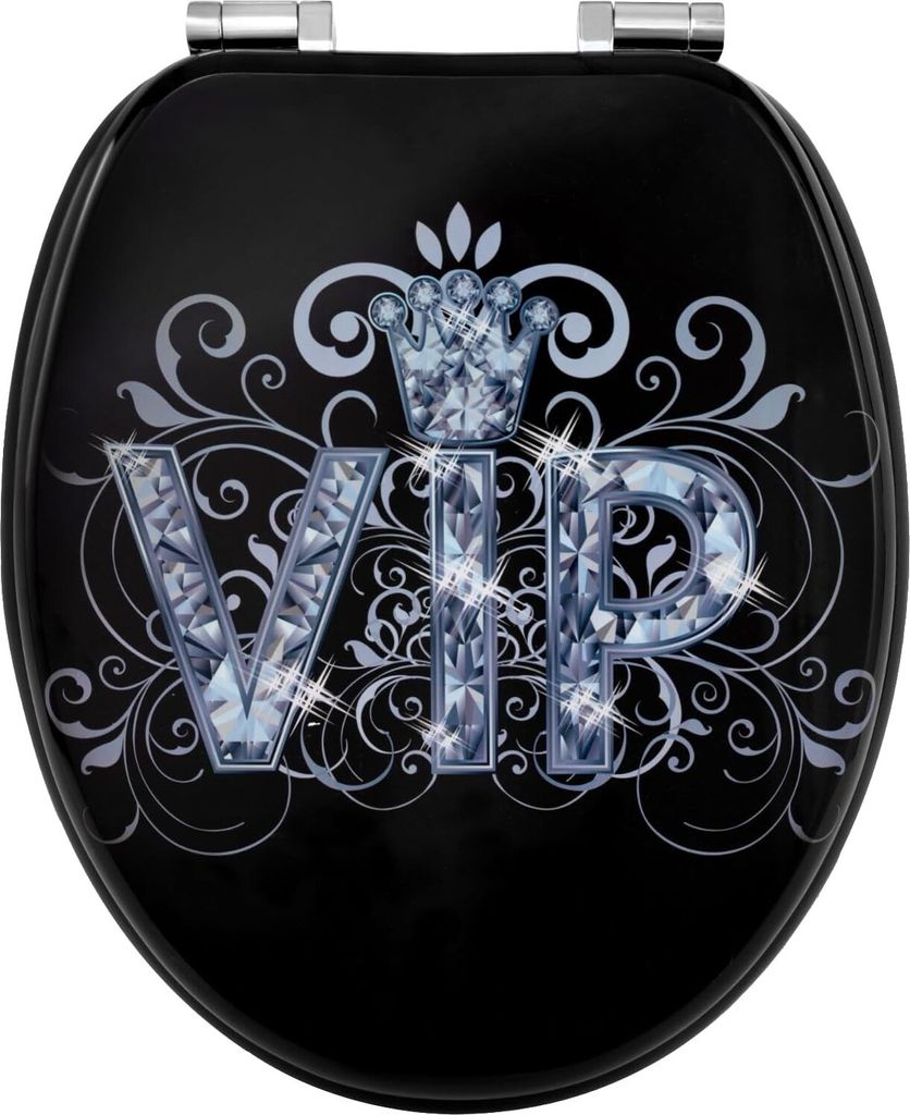 A black toilet seat with a decorative "VIP" design featuring a crown and swirling patterns made of what appears to be diamonds.
