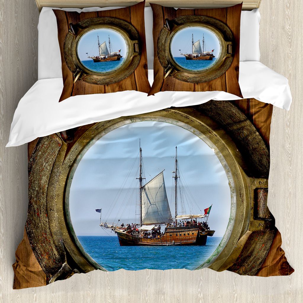 ABAKUHAUS Marine Bettbezug, Schiffsfenster mit Cruise, Milbensicher Allergiker geeignet mit Kissenbezügen, 155 cm x 220 cm - 80 x 80 cm, Mehrfarbig
