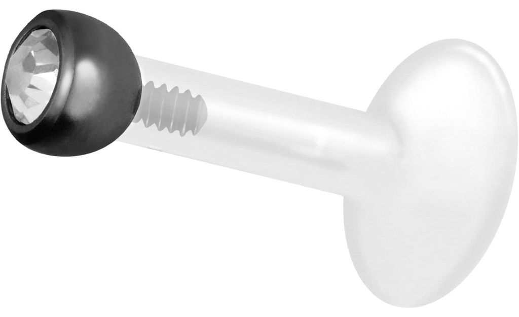 Ohrpiercing, Nasenpiercing PTFE Labret mit Innengewinde + Titan-Aufsatz KRISTALL Schwarz Stablänge: 10mm + Stabstärke: 1,6mm + Kugelgröße: 2,5mm